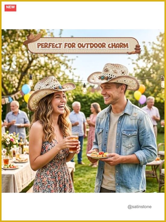 Unisex Western Straw Cowboy Hat with Decorative Bead & Leather Band main image 5